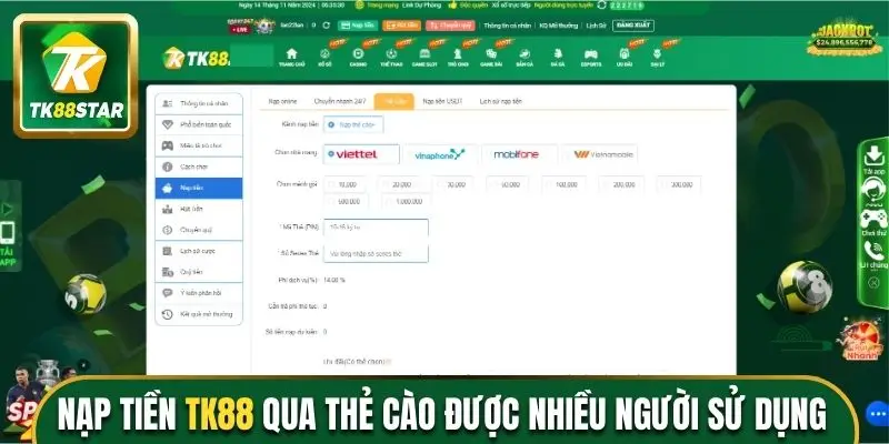 Nạp tiền TK88 qua thẻ cào được nhiều người sử dụng